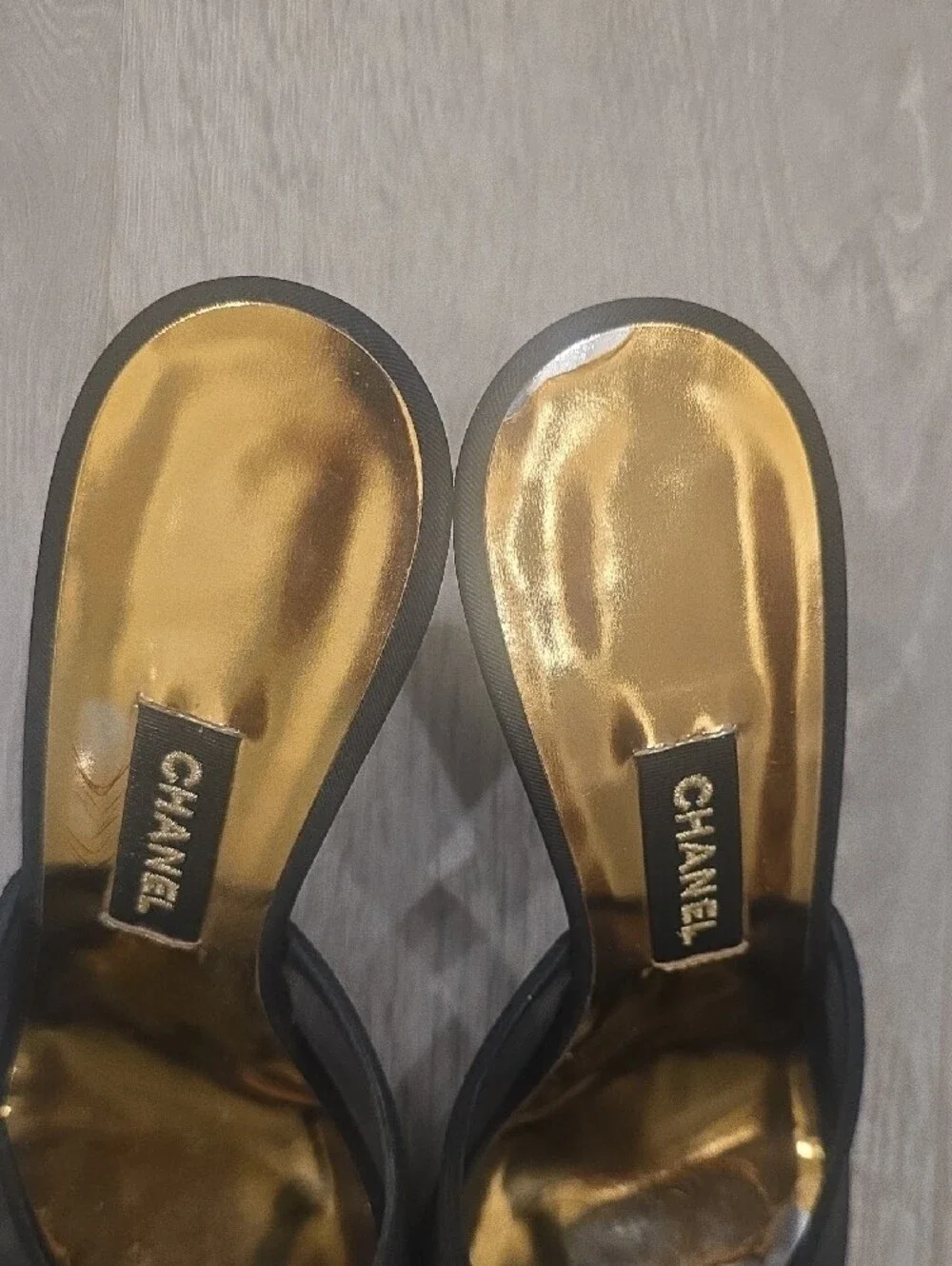 CHANEL Black Open-Toe Mesh Slide Mules with Gold Insole and CC Accent